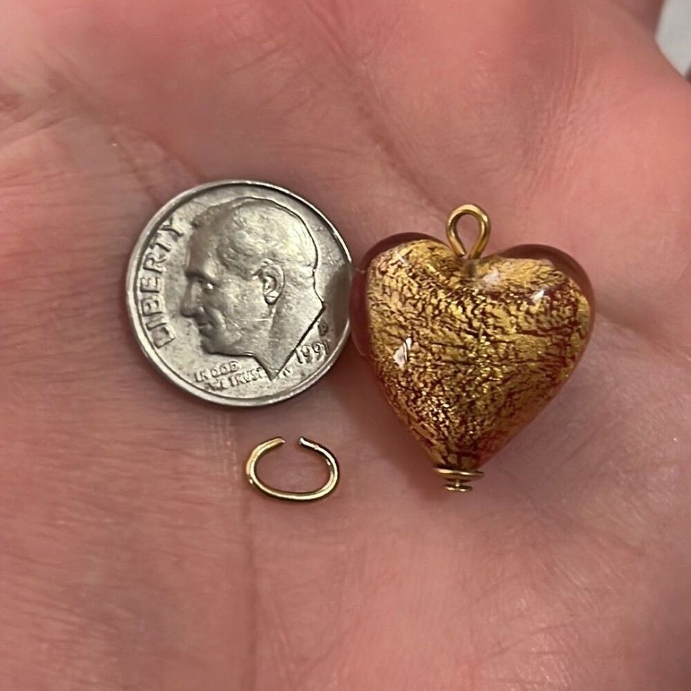 14k real gold heart pendant, glass heart with gold foil